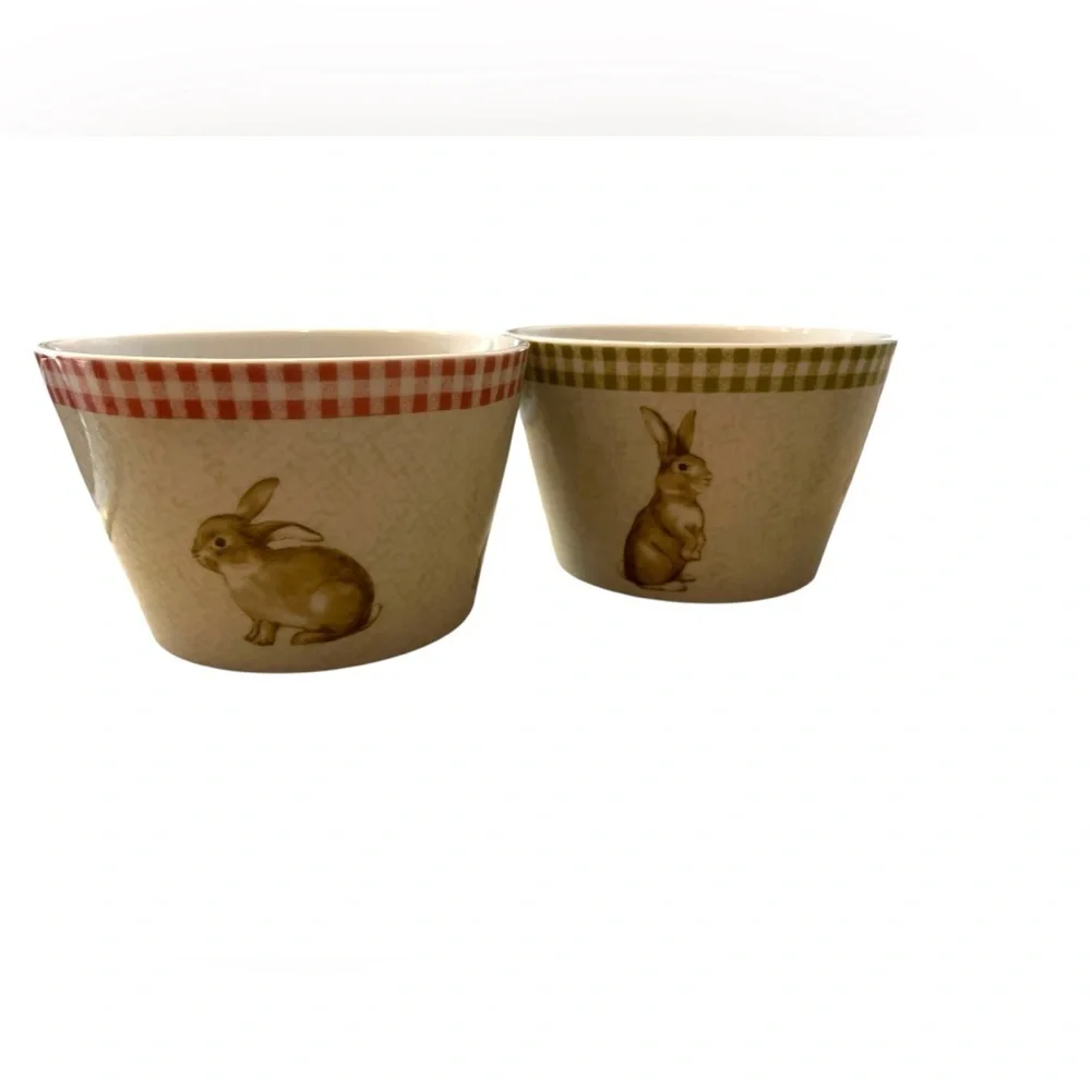 222 Fifth Bunny Land Gingham Rabbit Bowls - Blue, Pink, Yellow Tan- 4 Bowls